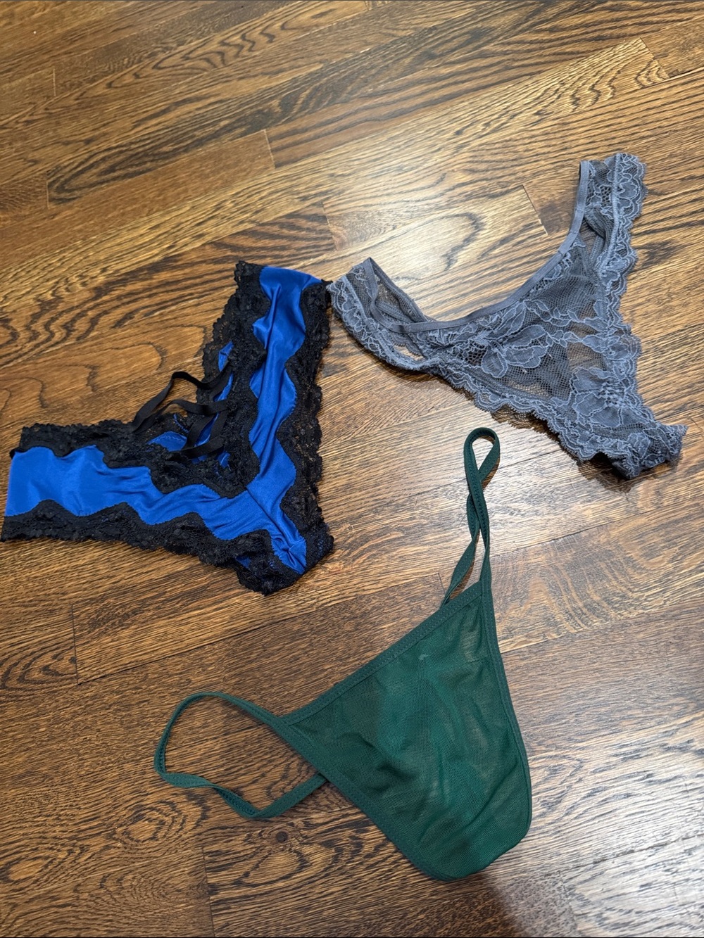 Victoria's Secret Blue, Gray & Green Lace & Satin Thong Trio